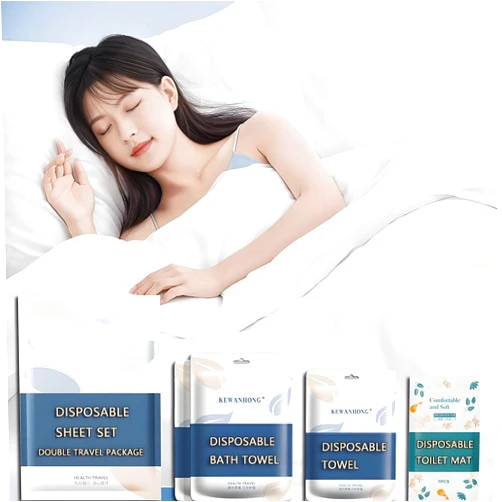 PROCRAAN Disposable Travel Bedding Set, 1 Bed Sheet, 1 Quilt Cover, 2 Pillow Covers, 2 Bath Towels, 4 Face Towels, 5 Toilet Seat Covers, for Hotels, Trips, Hiking, Camping, Salon, SPA, Party