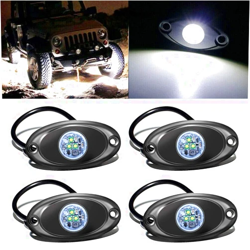 FABOOD F 4 Pods LED Rock Light for Jeep ATV SUV Offroad Car Truck Boat - Map, Cargo, Trail Rig Lamp - Underbody Glow, Underglow, Neon - Waterproof 12V 24V - White