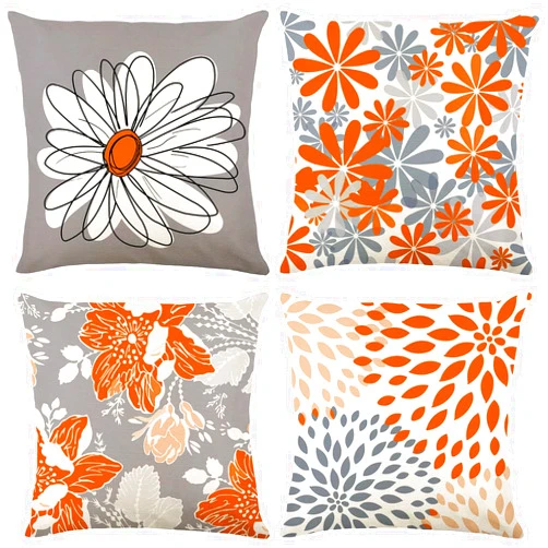 Baidast Orange Decorative Throw Pillow Covers 20x20 Set of 4, Burnt Orange and Grey Modern Daisy Floral Pillows Linen Pillow Covers for Couch Sofa Living Room