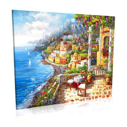 WALLSUP DECOR Italy Painting Oil Canvas Wall Art： Mediterranean Cityscape Artwork Italian Sea Picture Modern City Street Decoration Landscape Prints for Paris Cafe Room Decor
