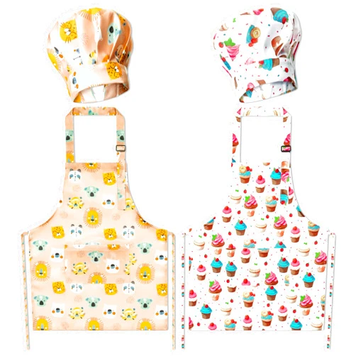 GROBRO7 4Pcs Kids Apron and Chef Hat Set Gift for Girls Boys Strawberry Cupcake Animal Adjustable Kitchen Toddler Aprons with 2 Pockets Waterproof Chef Hats for Baking Cooking Painting Artist Training