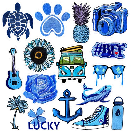 Puideon 16Pcs Blue Hippie Iron on Patches,Vintage Summer Beach Sew on Patch Embroidered Applique for Clothes Hats Jackets Jeans Backpacks