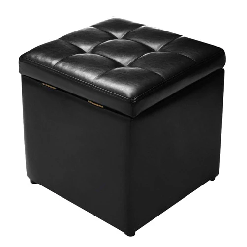Giantex 16” Cube Ottoman Pouffe Storage Box Lounge Seat Footstools W/Hinge Top and Bottom Feet Home Living Room Bedroom Furniture Storage Ottoman 16”×16” ×16” Footrest (Black)