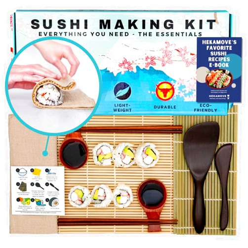 HEKAMOVE No Plastic Premium Sushi Making Kit for Home, for Beginners or Pro Sushi makers. Made of Premium Wood, includes Tea Cloth, Planet-Friendly - the Best Gift and DIY Home Sushi Kit Experience