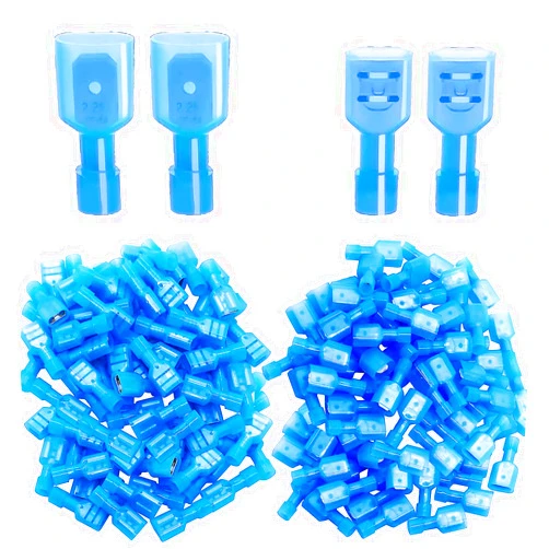Twidec/100PCS Nylon Spade Connectors Kit 16-14 Gauge Quick Disconnect Fully Insulated Male and Female Wire Spade Terminal Assortment Kit Blue N-025-BU