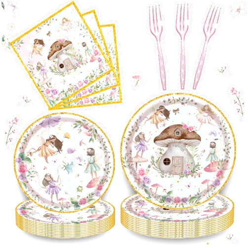 Bphweulko 192 Pcs Fairy Party Tableware Set (Serves 48 Guests), Plates, Napkins, Forks, Enchanted Garden Theme for 1st Birthday, Baby Shower, Girls Fairy Party Decorations
