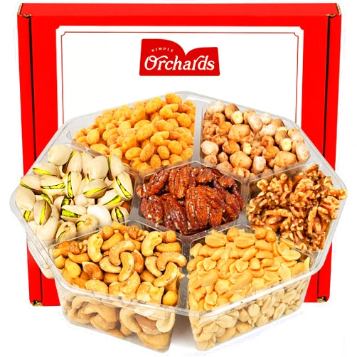 Simple Orchards Nuts Gift Basket - 7 Sectional Platter With a Variety of Freshly Roasted Nuts - Beautifully Packaged Gift for Birthday, Sympathy. Large Family Pack.