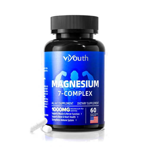 VIYOUTH Magnesium Complex Supplement, Magnesium Glycinate, Citrate, Malate, Chelate, Taurate, Orotate Aspartate 7 in 1 Zinc and Vitamin D3, B6 for Sleep, Leg Cramps, Muscle Relief - 60 Capsules