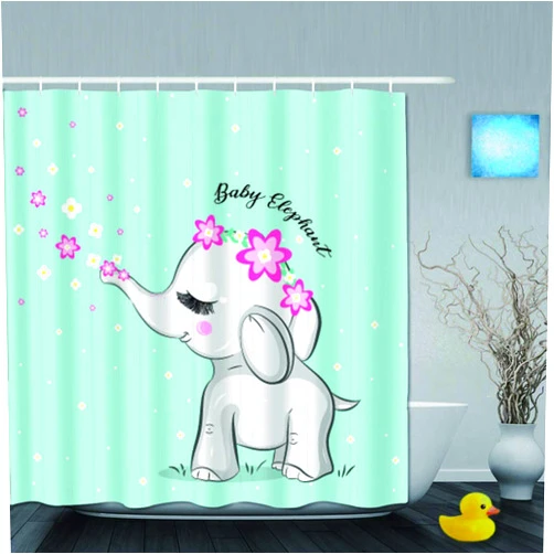 LZHANDA Shower Curtain,Cartoon Cute Beautiful Baby Elephant Flowers Elephant Daisy,Cloth Fabric Bathroom Decor Set with Plastic Hooks,72 x 72 inches