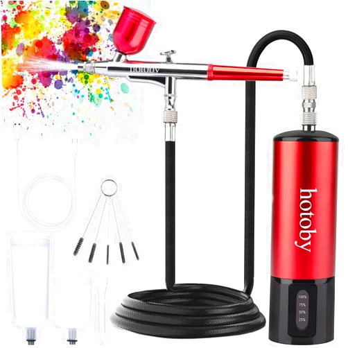 Hotoby Airbrush Kit with Compressor, Cordless Airbrush Gun, Detachable Battery, Auto Power ON/Off, with 7cc/20cc/40cc Cups, with air Hose, Dual Action Rechargeable Airbrush for Painting, Nail, Makeup (Red)