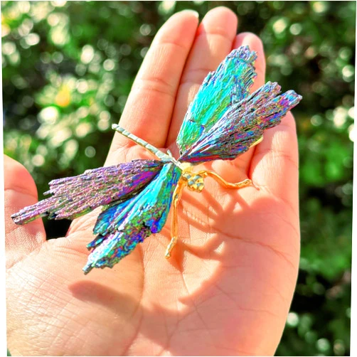 RJINGSHI Natural Tourmaline Dragonfly Statue - Electroplated Gold Healing Crystal Decor, Small Colorful Figurine for Home, Office Desk, Feng Shui Gift for Women (Gold Colorful,Small Size)