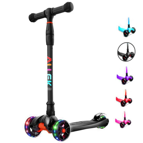 Allek Kick Scooter B02, Lean 'N Glide Scooter with Extra Wide PU Light-Up Wheels and 4 Adjustable Heights for Children from 3-12yrs (Black)