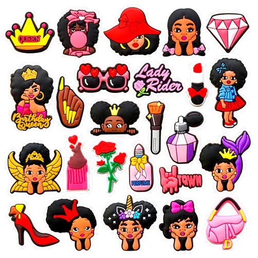 Chionwen 25PCS Black Girl Shoe Decoration Charms for Clog, Fashion Black Queen Charms Accessories for Adult Women Girl Party Favor
