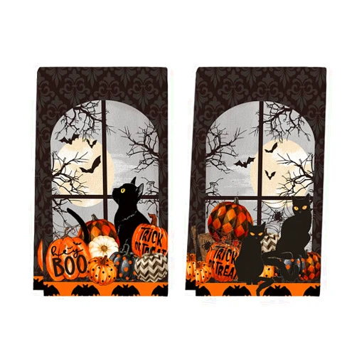 Artoid Mode Black Cat Moon Pumpkin Halloween Kitchen Towels Dish Towels, 18x26 Inch Bats Trick Or Treat Decoration Hand Towels Set of 2
