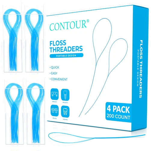 CONTOUR Dental Floss Threaders- 4 Pack - 200 Count Braces Flossers, Designed for Braces, Bridges & Implants, Quick & Easy Flossing Solution