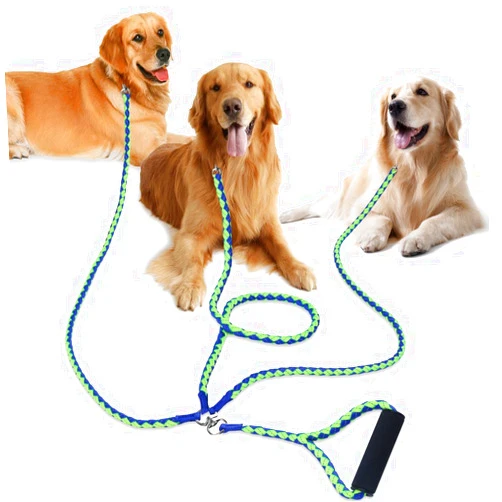 PETBABA 3 Dog Leash No Tangle, 4.6ft Heavy Duty Splitter Coupler, Reflective Strong Triple Multi Way Lead Split, Soft Padded Handle, for Walking Three Medium Large Dogs That Pull - Green