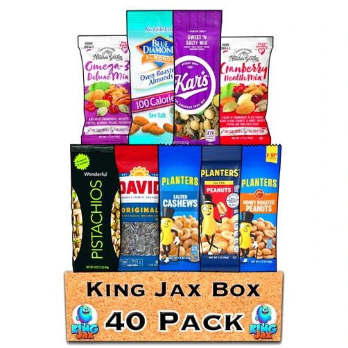 King Jax 40-Pack Ultimate Nuts mix snack packs - Nuts individual packs Include Almonds, Cashews, Pistachios, Peanuts and Trail Mix - Healthy snacks variety pack for adults - High Protein Snacks Gifts