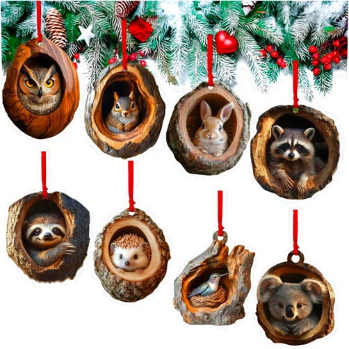 WHANIDU 8PCS Animal Christmas Ornament, Christmas Tree Animal Pattern 2D Acrylic Ornament, Forest Animal Decoration, Christmas Tree Ornaments, Animal Ornament Hanging Ornament, Christmas Decor Keepsake Gifts