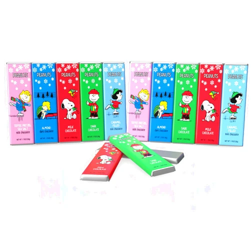 ASTOR Peanuts Chocolate Winter Variety Gift Pack, Snoopy Gourmet Chocolate Bar Candy Snack Set, Charlie Brown Gifts, Rich Belgian Chocolate Holiday Box, Kosher, 2 Sets if 5 1.75 oz Bars