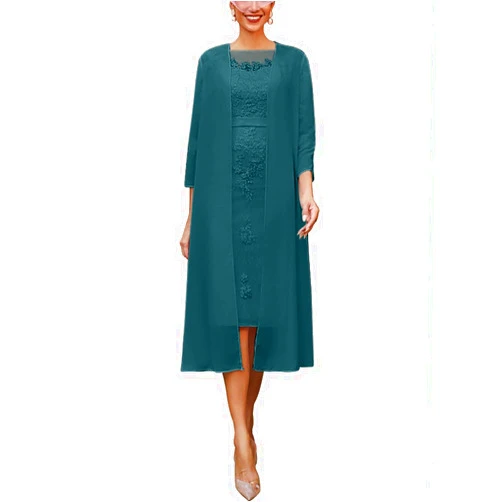 WangLiJun Womens Tea Length Mother of The Bride Dress Floral Lace 2 Piece Chiffon Formal Dress with Sleeves