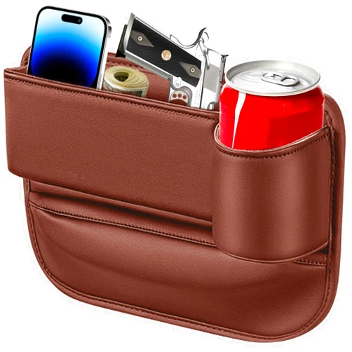 SUYUDSM Car Seat Gap Filler Organizer, Leather Car Seat Gap Filler Seat Storage Box Car Seat Gap Organizer with Cup Holder for Phones Cash Cards Drinks (Brown 1 Pack)