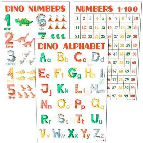 3D Learning LLF Dinosaur Alphabet and Numbers Charts - Laminated 14x19.5 in. - Educational Posters, Classroom Posters and Decorations, Back to School Supplies, Learning Posters for Preschool, Kindergarten, Dinosaur Numbers 1 to10 and 1 to 100