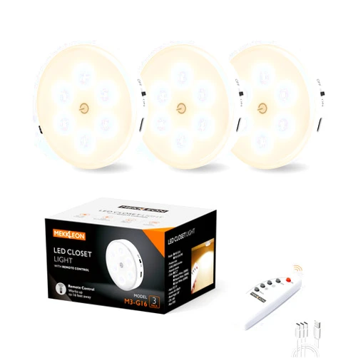 MEKKLEON Puck Lights with Remote Control,1000mAh Rechargeable Under Cabinet Lighting,3Pack LED Closet Tap Light,Cordless Stick On Lights for Under Cabinet,Hallway,Stairway,Closet (Warm White)