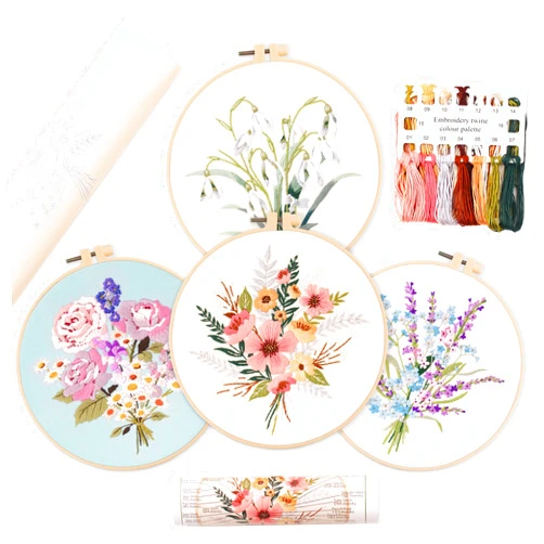 REEWISLY 4pcs of Embroidery kit with Patterns and Instructions, DIY Adult Beginner Cross Stitch Kits, Including 2 Plastic Embroidery Rings, 1 Pair of Scissors, Colored Threads and Needles
