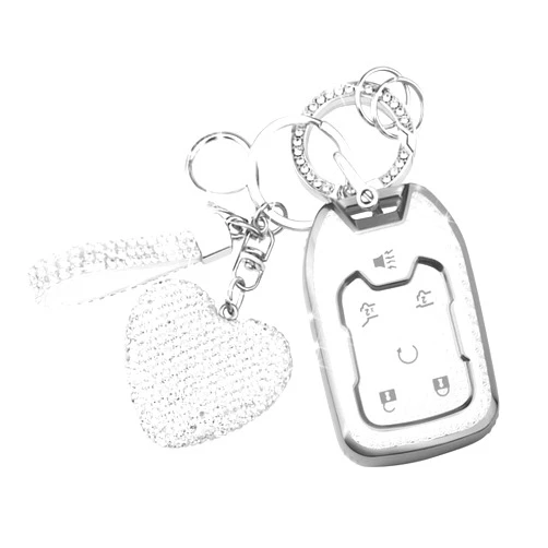 FT FUNTOR for Chevy Key fob Cover with Diamond Keychain Soft TPU Full Protection car Key Cover fit for GMC Suburban Tahoe Silverado Terrain Yukon Sierra Smart Key Holder 6-Button (Silver Trim-White)