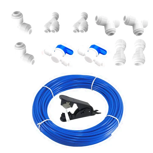 PureSec Tubing 3/8 Inch Blue RODI Tubing Polypropylene 16 Feet Push to Connect Fitting Kit for RODI System(Plastic Tubing+Ball Valve+Tee+Y+L+I+Tubing Cutter DIY Package)
