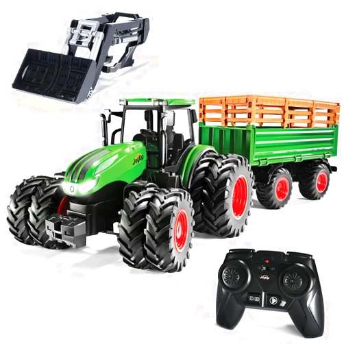 JoyKip Remote Control Tractor and Trailer Set RC Kids Tractor Toy Front Loader Farm Truck Toddler Farm Toys with Lights and Sound, Metal Cab, 8 Wheels RC Toys Boys Gift for 3 4 5 6 7 8 Years Old