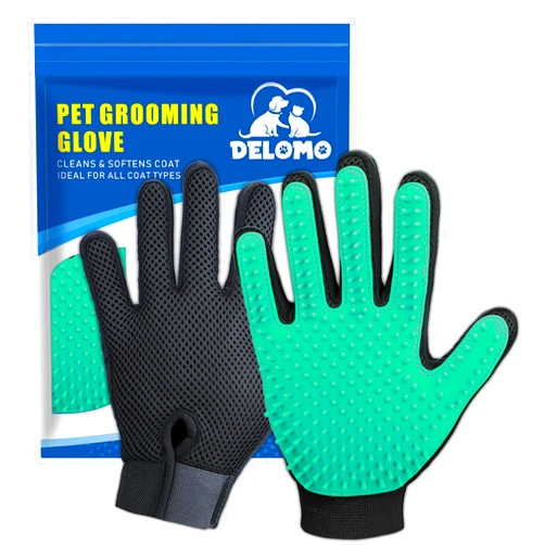 DELOMO Pet Hair Remover Gloves, Enhance Pet Grooming Glove with 255 Tips, Deshedding Glove for Dog and Cat, 1 Pair Left & Right Gentle De-Shedding Glove Brush, Green