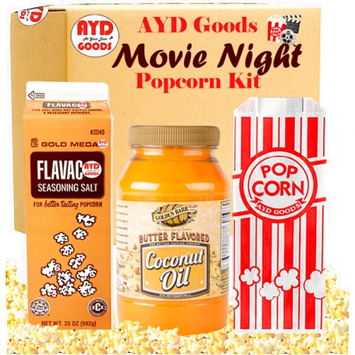 AYD Goods Popcorn Kit - Butter Flavored Coconut Oil 32oz, Seasoning Salt 35oz & AYD Goods Popcorn Bags, 20 Counts Ultimate Movie Theater Popcorn