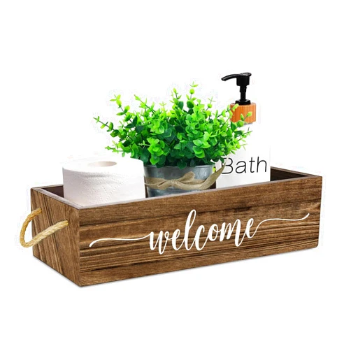 Msyueos Welcome Hello Sweet Cheeks Wooden Storage Box, Toilet Paper Basket Rustic Bathroom Basket Toilet Basket Tank Topper Toilet Organizer, Home Decor for Livingroom or Kitchen (Brown)