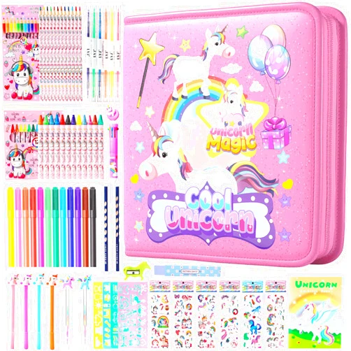 DANLCUPL Fruit Scented Markers Set 65 Pcs with Glitter Unicorn Pencil Case & Stationery, Art and Craft Coloring Supplies Birthday Gifts for Kids 4-12 Year Old (Rainbow Unicorn Pink)