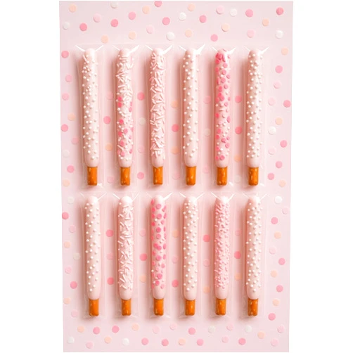 The Brittle Box Candy Co. Gender Reveal Pink Chocolate Pretzel Rods with Pink Sprinkles and assorted toppings