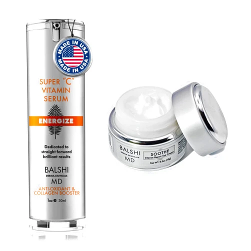 Balshi Derma-Ceuticals MD Energize Vit C Serum for Face & Eyes & Soothe Intense Repair Eye Cream Bundle - Collagen Boost Anti Aging Serum, Dark Circle Under Eye Treatment with Firming Hyaluronic Acid - 1oz + .5oz/15g