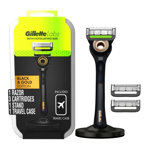 Gillette Razor for Men with Exfoliating Bar Gold Edition by GilletteLabs, Includes 1 Handle, 3 Razor Blade Refills, 1 Travel Case, 1 Premium Magnetic Stand 1 Handle + 3 Refills Black and Gold Edition