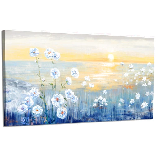 Nicetop Blue Ocean Sunset Canvas Wall Art for Living Room Abstract Seascape Painting Coastal Beach Wildflowers Picture Natural Sea Landscape Print Sunrise With Yellow Orange Sky Seaside Artwork 20x40inch