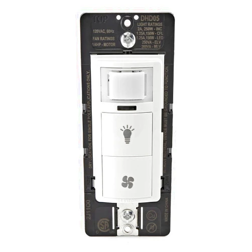 Leviton DHD05-1LW Dual Combination Humidity Sensor with Separate Light Switch, automate Bathroom Exhaust Fan, air Circulation, Moisture Control, Single Pole/Single Pole, ¼ HP, White