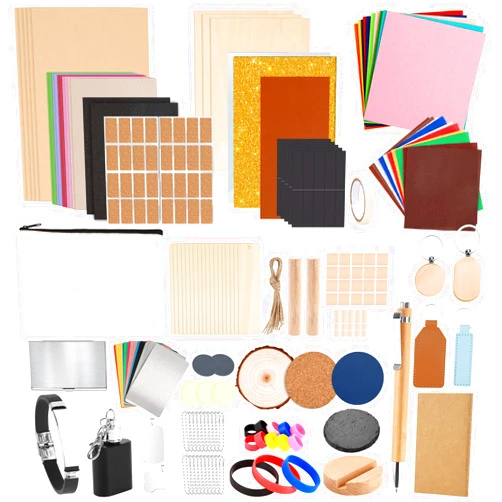 Csyidio 175 PCS Engraving Material Box, DIY Materials Apply to All Laser Engravers with Instructions, Laser Engraving Supplies Including Acrylic, Metal, Wood, Fabric, Rubber Materials