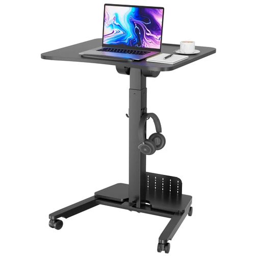 BONTEC Mobile Standing Desk Adjustable Height, Rolling Laptop Cart with Storage Shelf, Hooks, Portable Workstation with Pneumatic Lift, Ergonomic Compact Home Office Desk, Black 23.6