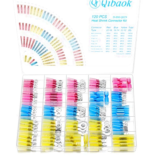 Qibaok 120 PCS Heat Shrink Wire Connectors Qibaok Insulated Electrical Terminals Kit Waterproof Marine Crimp Connector Assortment Fork Spade Butt Splices Ring