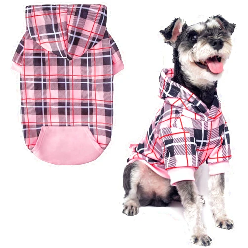 EXPAWLORER Plaid Dog Hoodie - British Style Warm Dog Sweater Shirt with Leash Hole,Pitbull Clothes Outfits,Winter Coat Apparel for All Breeds Puppy Girl Boy-Cat Apparel