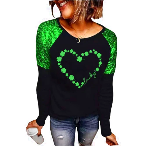 Earlymemb St. Patrick's Day T-Shirt Womens Funny Shamrock Printed Sequined Splicing Sleeve Casual Lucky Clover Heart Graphic Tee Tops