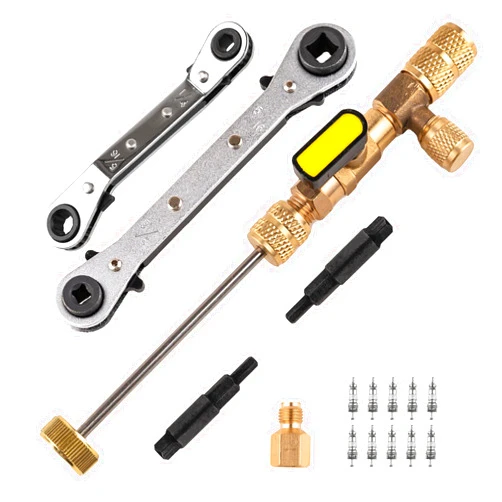 Jiouxip Valve Core Remover Installer Tool and HVAC Service Wrench Set with Hex Bit Adapters, Dual Size SAE 1/4 to 5/16 Port, 5/16'' to 1/4'', 3/8'' to 1/4'' Refrigeration Service Wrench, 10 Valve Core
