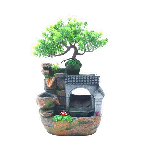 Bokknppo Indoor Water Fountain Humidifier Desktop Waterfall Bonsai Tabletop Fountains with Color LED Light with Rockery Tree Plants for Home Office Bedroom (A)