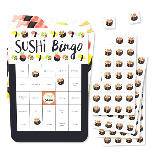 Big Dot of Happiness Let’s Roll - Sushi - Bingo Cards and Markers - Japanese Party Bingo Game - Set of 18