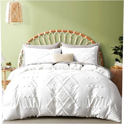Oli Anderson Tufted Duvet Cover Queen Size, Soft and Lightweight Duvet Covers Set for All Seasons, 3 Pieces Boho Embroidery Shabby Chic Bedding Set (White, Queen, 90