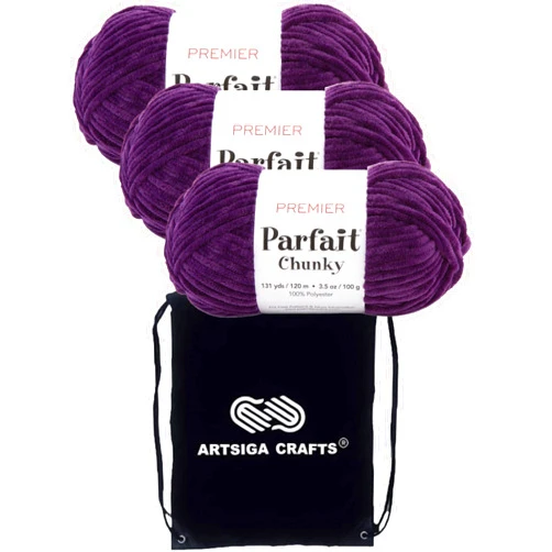 Premier Yarns Parfait Chunky Eggplant 1150-27 (3-Skeins - Same Dye Lot) Weight S Bulky #6 Polyester Yarn for Crocheting and Knitting with Project Bag